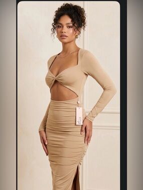 Oh Polly Nude Beige Ruched Long Sleeve Midi Dress